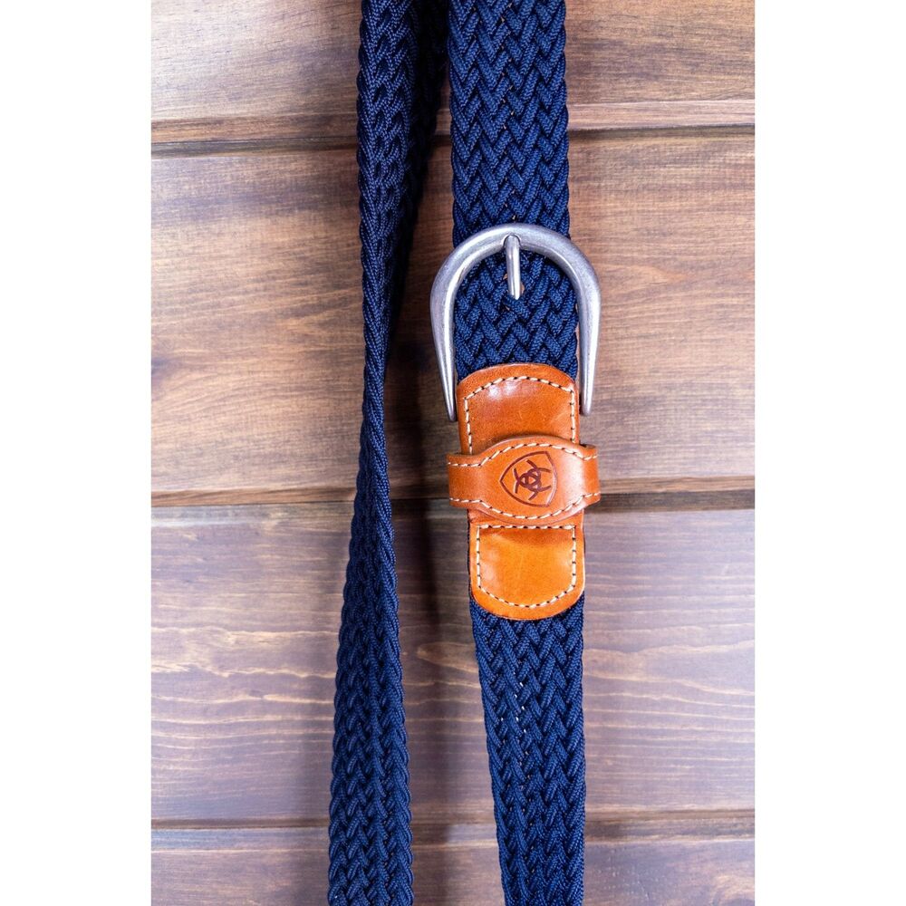 Ariat One Rail Woven Belt Navy Blue Brown Leather Stretch XS Small 58" Western
